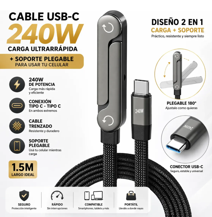 ETHERIA POWERSTAND™ 240W- Cable de Carga Rápida USB-C con Soporte Integrado
